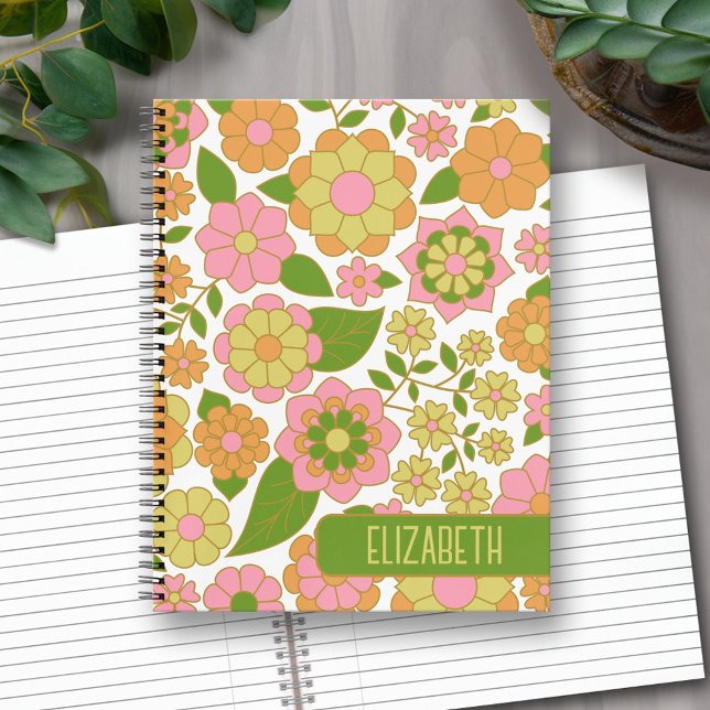 Trendy Retro Floral Pattern with name block Notebook (Personalized Notebook with Custom Text)