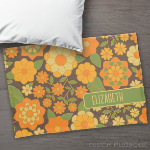 Trendy Retro Floral Pattern with name block Pillowcase