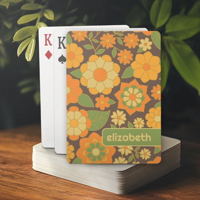 Trendy Retro Floral Pattern with name block Playing Cards (Personalized playing cards)