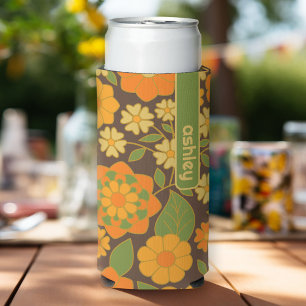 Trendy Retro Floral Pattern with name block  Seltzer Can Cooler