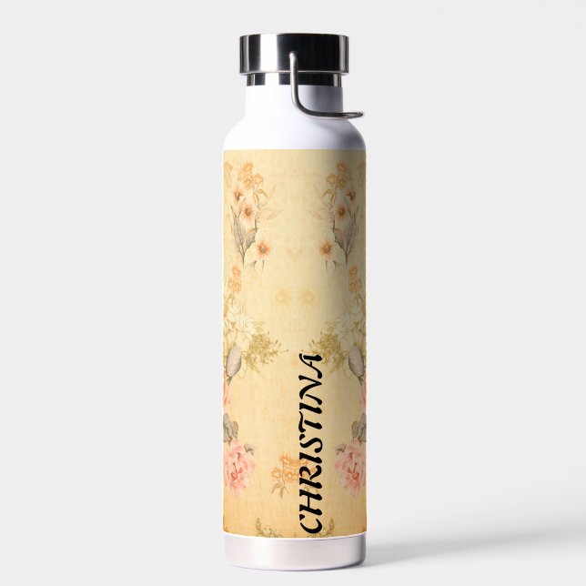 Trendy Retro Floral Pattern with name block Water Bottle (Left)