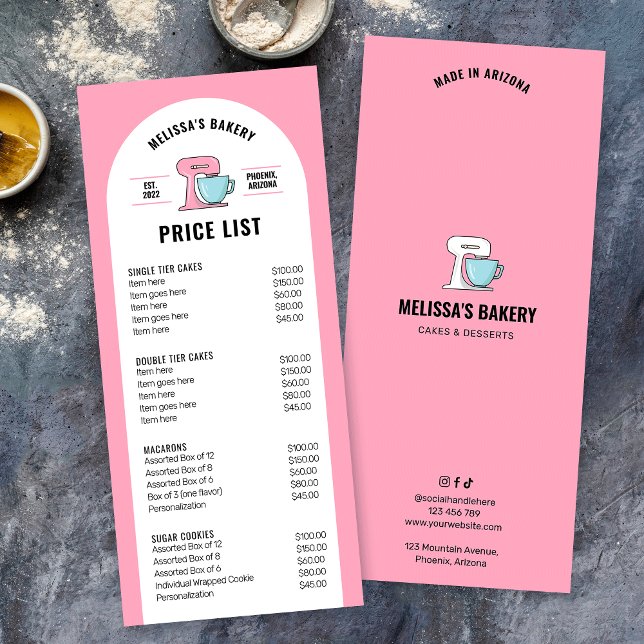 Trendy Retro Girly Pink Desserts Bakery Price List Rack Card (Girly pink bakery price list menu design with mixer clipart, trendy fonts and arch background)