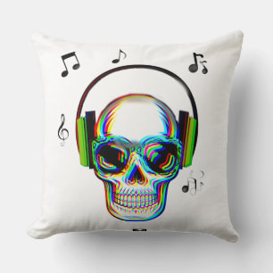Trendy retro glitch music skull with headphones  cushion