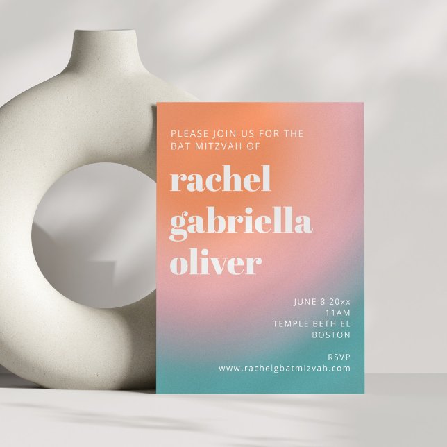 Trendy Retro Gradient Turquoise Pink Bat Mitzvah  Invitation (Creator Uploaded)