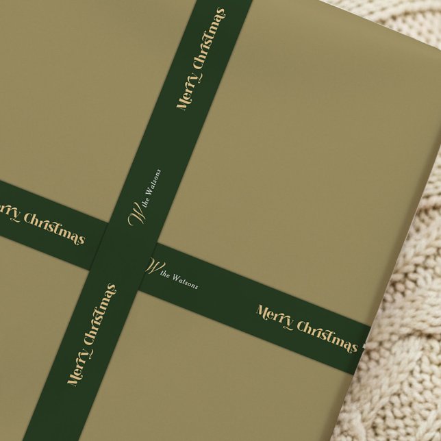 Trendy Retro Merry Christmas Custom Name Green Satin Ribbon (Retro style Merry Christmas green and beige satin ribbon with your custom name)