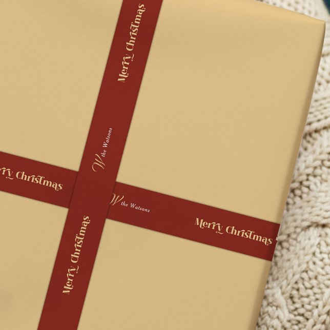 Trendy Retro Merry Christmas Custom Name Red Satin Ribbon (Retro style Merry Christmas red and beige satin ribbon with your custom name)