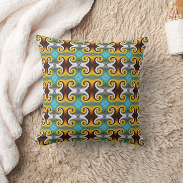 Trendy retro pattern in yellow, blue, brown, white cushion (Blanket)
