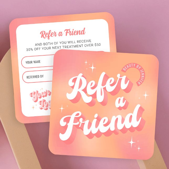 Trendy Retro Peach Pink Makeup Beauty Salon Logo Referral Card (Embrace the groove with this retro Refer a Friend business card design)