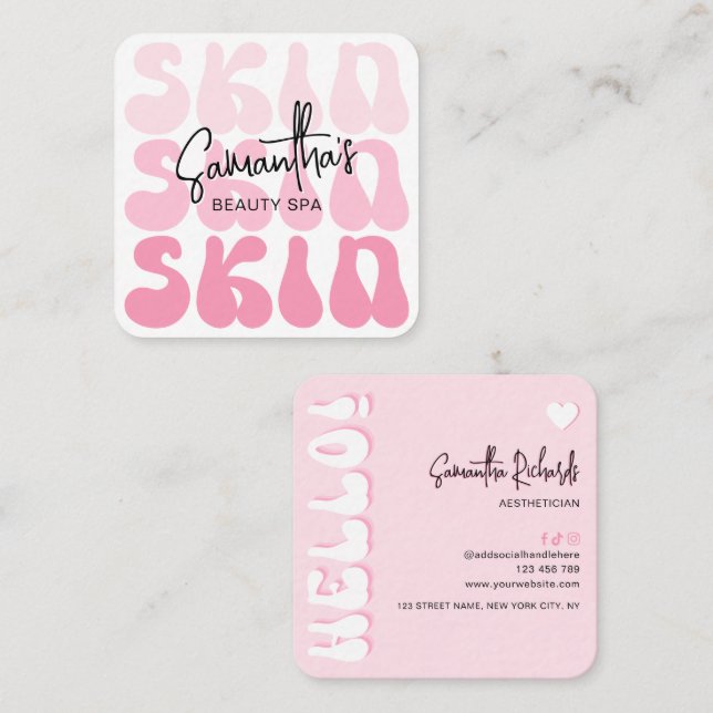 Trendy Retro Pink Beauty Salon Skin Aesthetician Square Business Card (Front/Back)