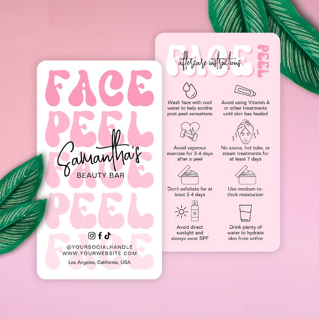 Trendy Retro Pink Face Peel Aftercare Aesthetician Business Card (Trendy face peel aftercare cards featuring pink hues, retro fonts and beauty care icons)