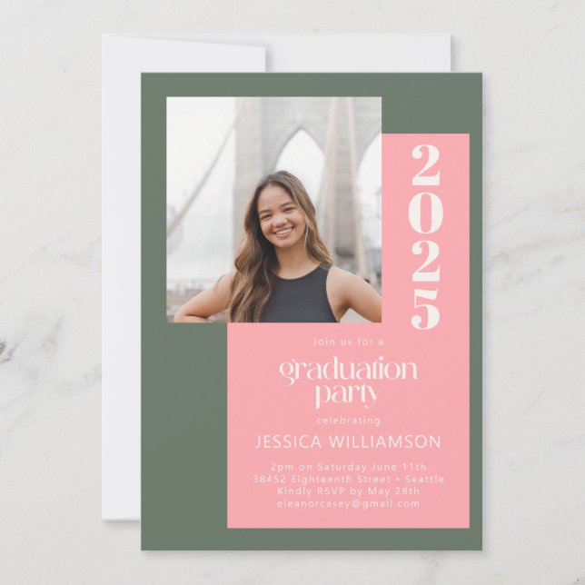 Trendy Retro Pink Green Photo Graduation Party Invitation (Front)