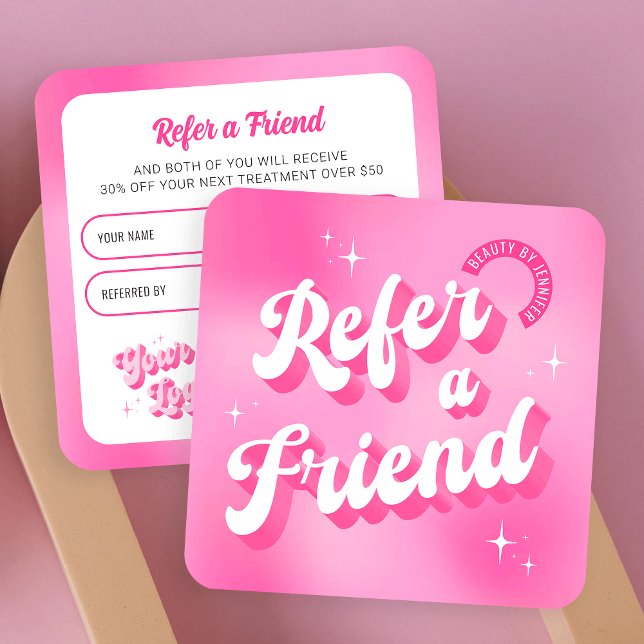 Trendy Retro Pink Refer a Friend Lash Salon Nails Referral Card (Groovy Refer a Friend business cards in girly pink colors, featuring retro fonts and your logo)