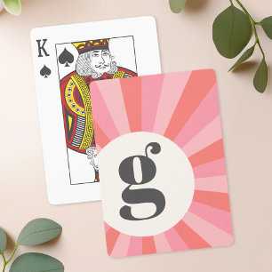 Trendy retro sunburst minimal monogram pink cream playing cards