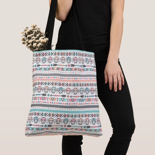 Trendy Retro Tribal Pattern with Skulls Tote Bag (Close Up)
