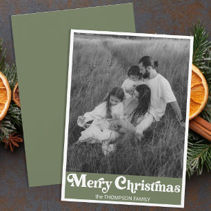 Trendy Retro Typography Green Christmas Photo Holiday Card