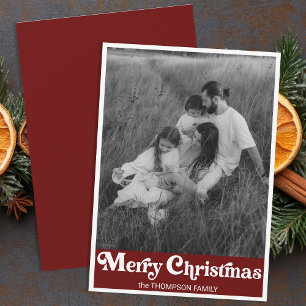 Trendy Retro Typography Red Christmas Photo Holiday Card
