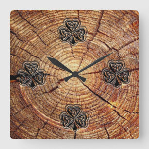 Trendy retro wooden Irish lucky shamrock Square Wall Clock