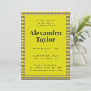 Trendy Retro Yellow Plaid Pattern Graduation Invitation