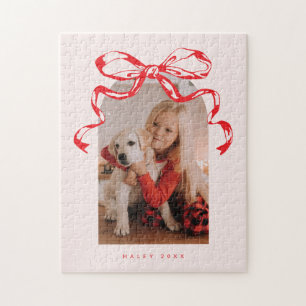Trendy ribbon bow arched photo Holiday/Christmas Jigsaw Puzzle