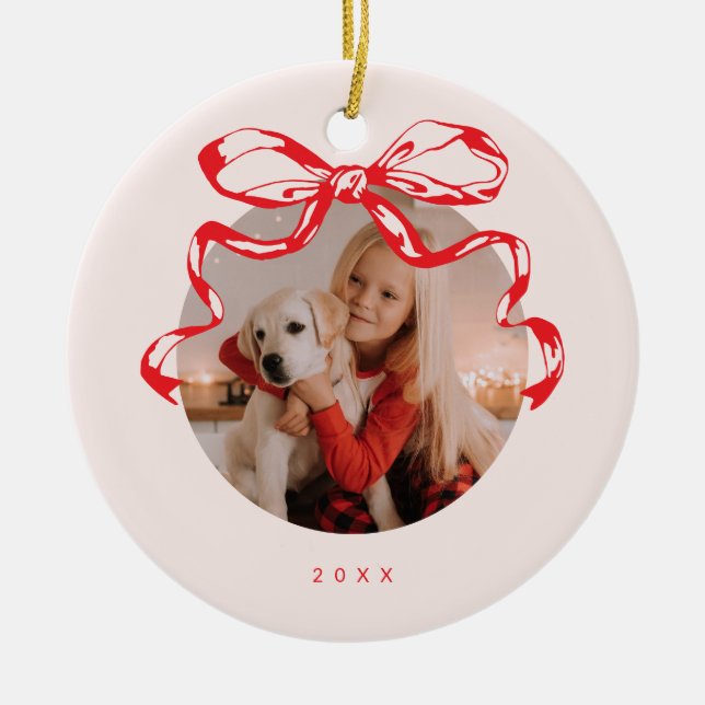 Trendy ribbon bow photo Holiday/Christmas  Ceramic Ornament (Front)