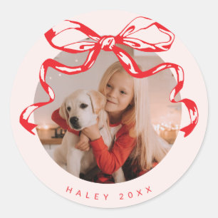Trendy ribbon bow photo Holiday/Christmas  Classic Round Sticker