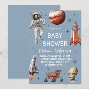 Trendy Rocket Ship Space Galaxy Alien Baby Shower Invitation