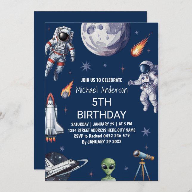Trendy Rocket Ship Space Planet Galaxy Birthday  Invitation (Front/Back)