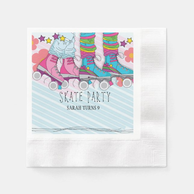 Trendy Roller Skatting Girls Rainbow Birthday Napkin (Front)