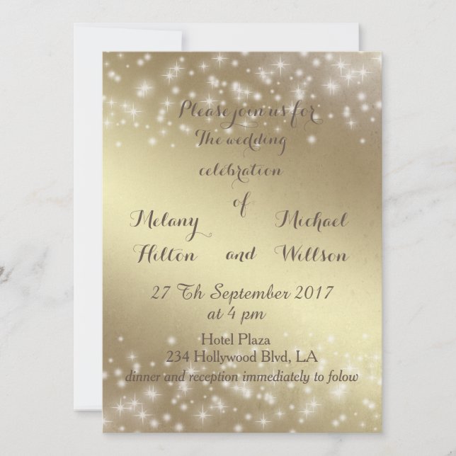 Trendy romantic sparkles golden look wedding invitation (Front)