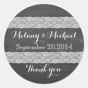 Trendy romantic stylish lace chalkboard thank you classic round sticker