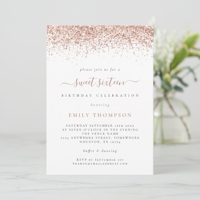 Trendy Rose Glitter Sweet 16 Birthday Party Invite (Standing Front)