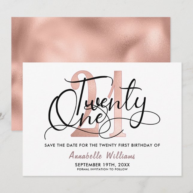 Trendy Rose Gold 21st Birthday Party  Save The Date (Front/Back)