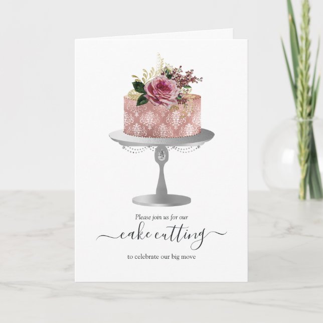 Trendy Rose Gold and Silver Floral Cake Cutting Invitation (Front)