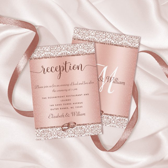 Trendy Rose Gold Damask Glitter Wedding Reception Enclosure Card (Creator Uploaded)