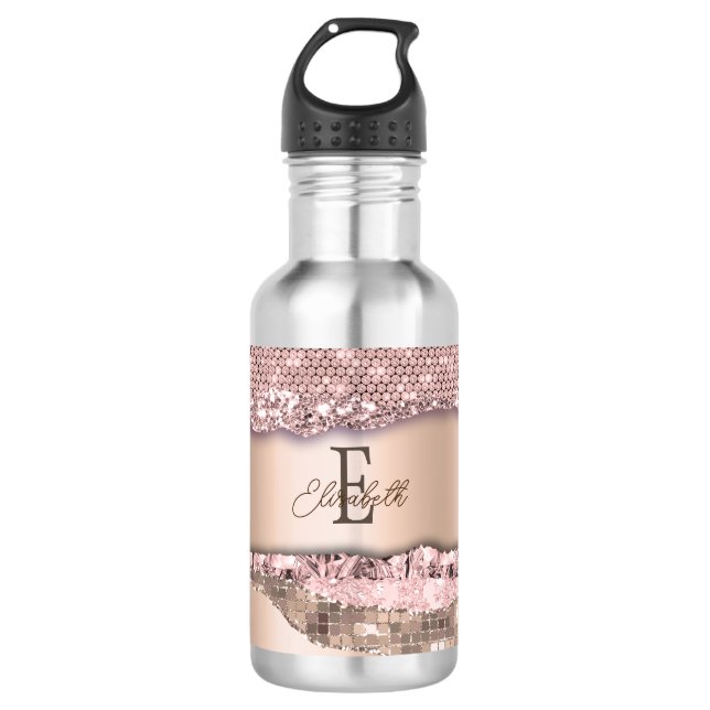 Trendy Rose Gold Diamonds Glitter Monogram 532 Ml Water Bottle (Front)