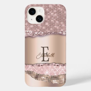 Trendy Rose Gold Diamonds Glitter Monogram Case-Mate iPhone 14 Case