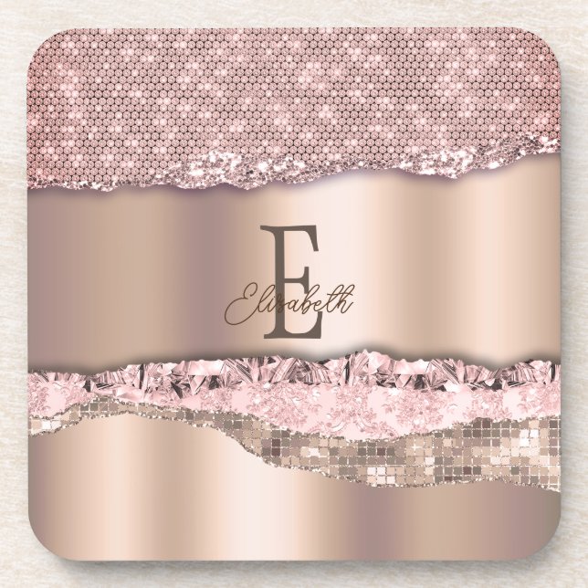 Trendy Rose Gold Diamonds Glitter Monogram Coaster (Front)