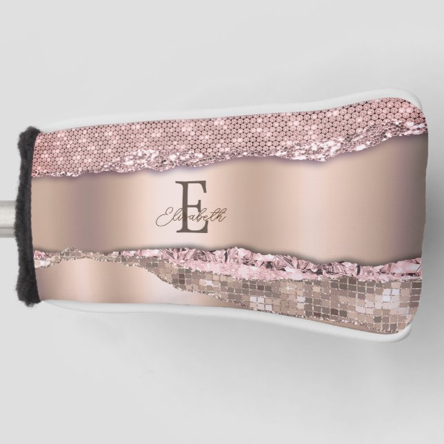 Trendy Rose Gold Diamonds Glitter Monogram Golf Head Cover (Front)