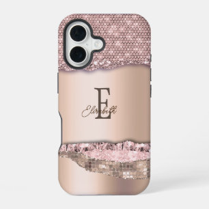 Trendy Rose Gold Diamonds Glitter Monogram iPhone 16 Case