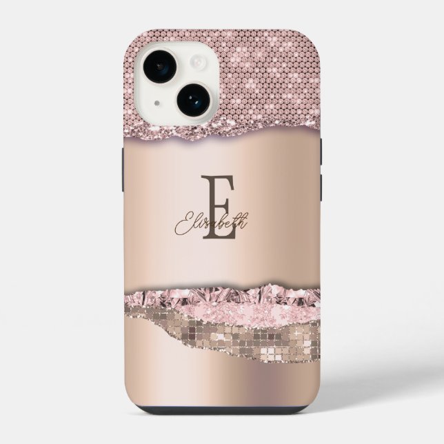 Trendy Rose Gold Diamonds Glitter Monogram iPhone Case (Back)