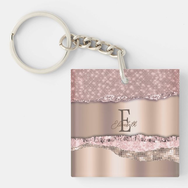Trendy Rose Gold Diamonds Glitter Monogram Key Ring (Front)