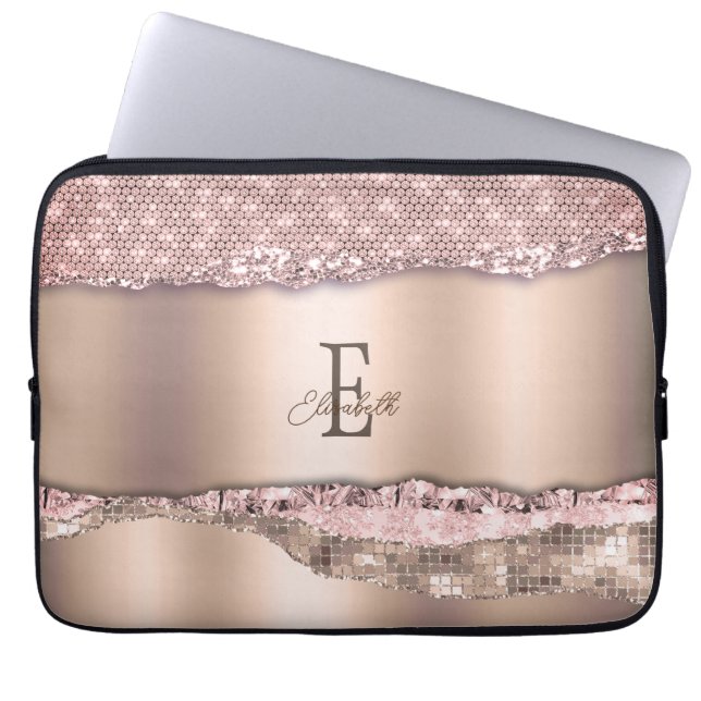 Trendy Rose Gold Diamonds Glitter Monogram Laptop Sleeve (Front)