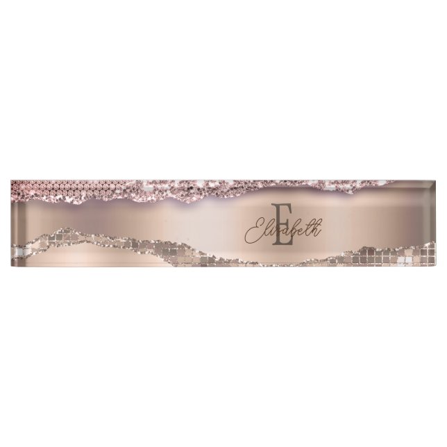 Trendy Rose Gold Diamonds Glitter Monogram Nameplate (Front)