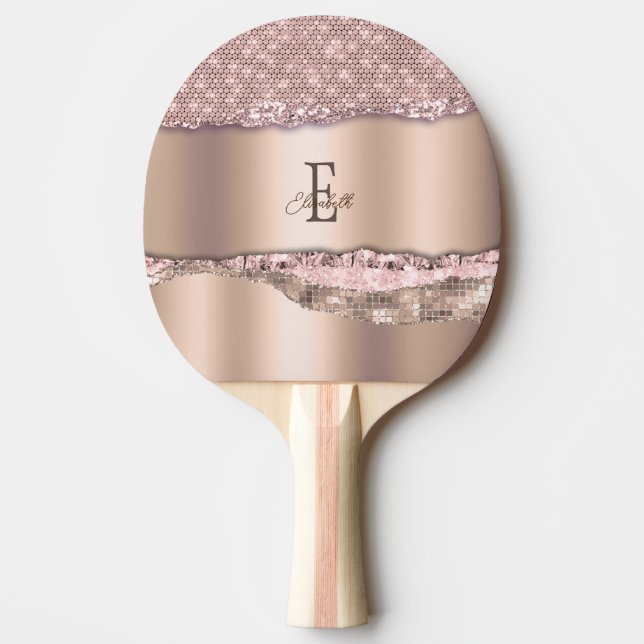 Trendy Rose Gold Diamonds Glitter Monogram Ping Pong Paddle (Front)