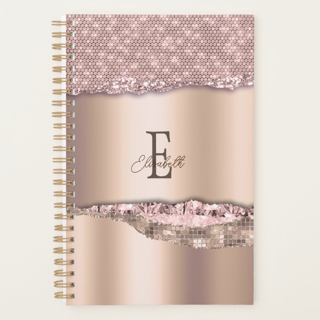 Trendy Rose Gold Diamonds Glitter Monogram Planner (Front)
