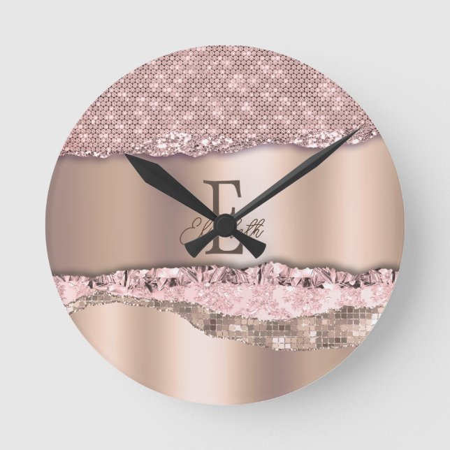 Trendy Rose Gold Diamonds Glitter Monogram Round Clock (Front)