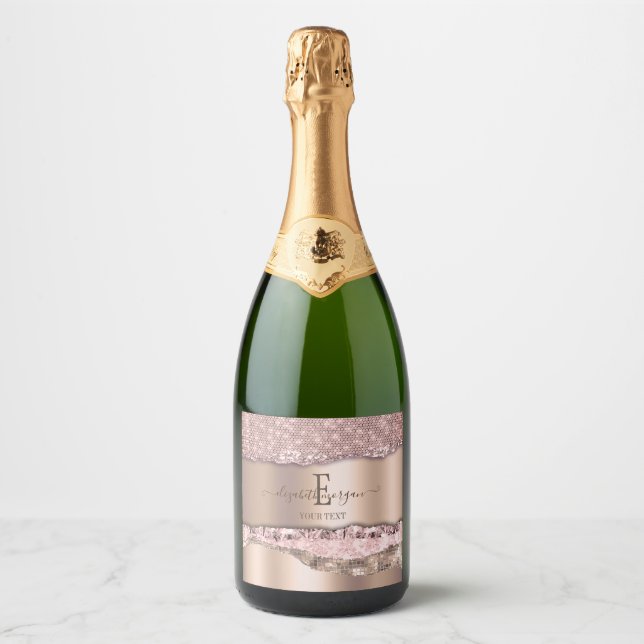 Trendy Rose Gold Diamonds Glitter Monogram Sparkling Wine Label (Front)