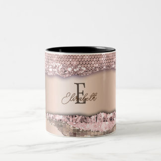 Trendy Rose Gold Diamonds Glitter Monogram Two-Tone Coffee Mug