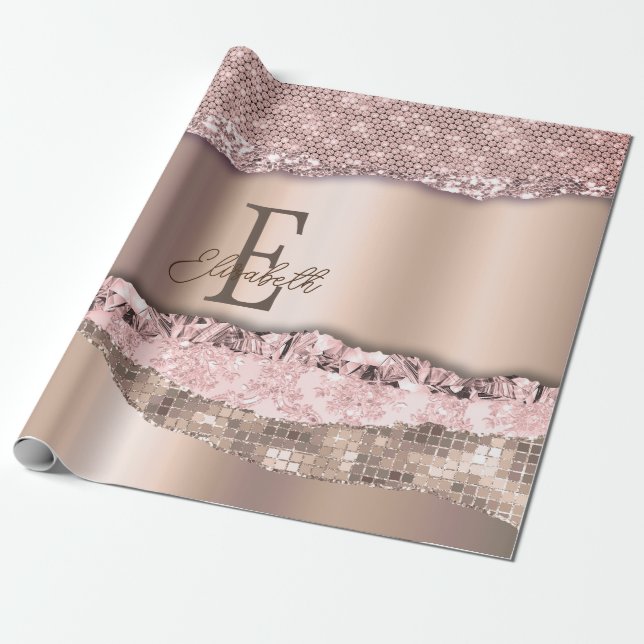 Trendy Rose Gold Diamonds Glitter Monogram Wrapping Paper (Unrolled)