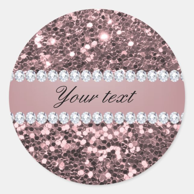 Trendy Rose Gold Faux Glitter and Diamonds Classic Round Sticker (Front)